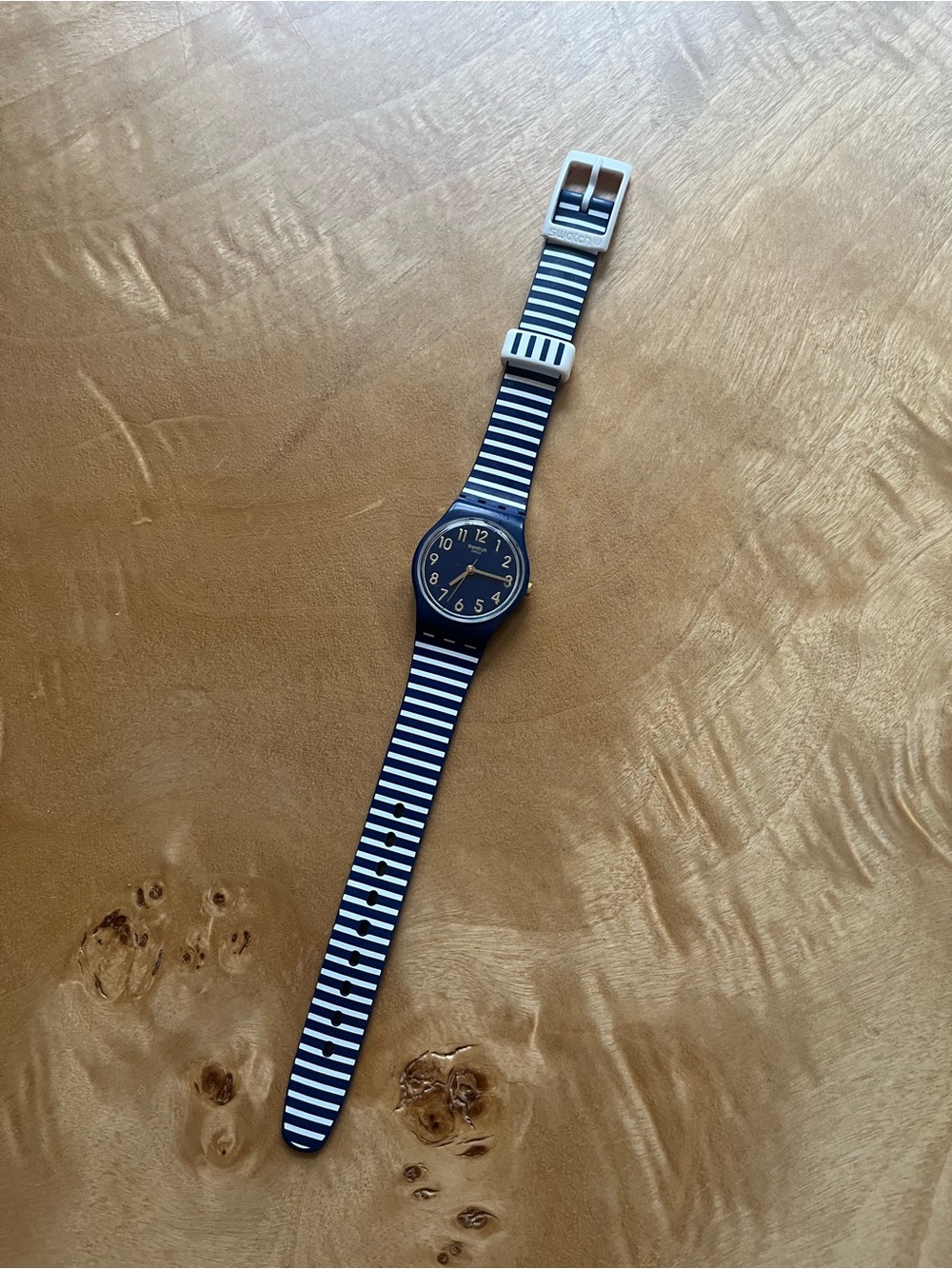 Swatch Watch: Striped Navy & White Analog Watch